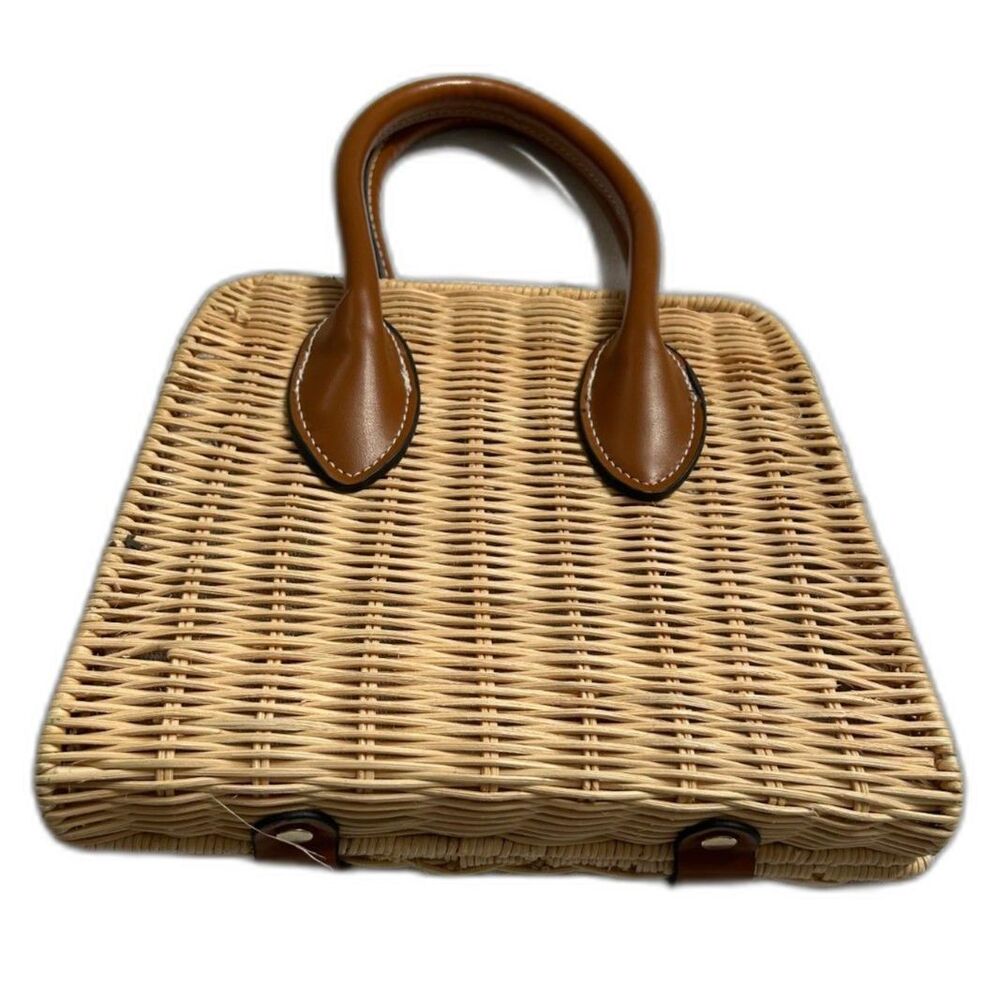 Zara Woven Wicker Basket Handbag with Brown Leather Handles